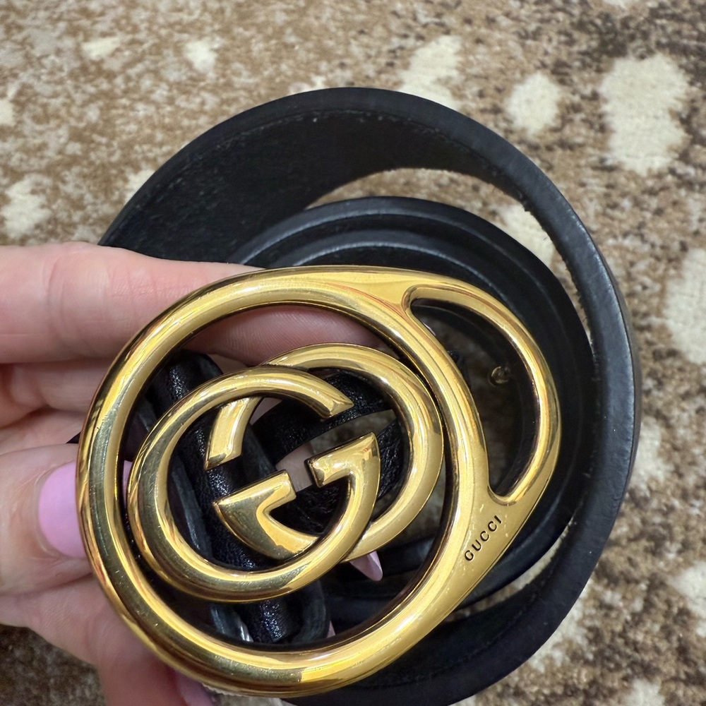Gucci Black Textured Belt with Gold Buckle
